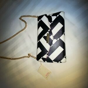 Trina Turk Geometric Black and White Clutch with Gold Chain
